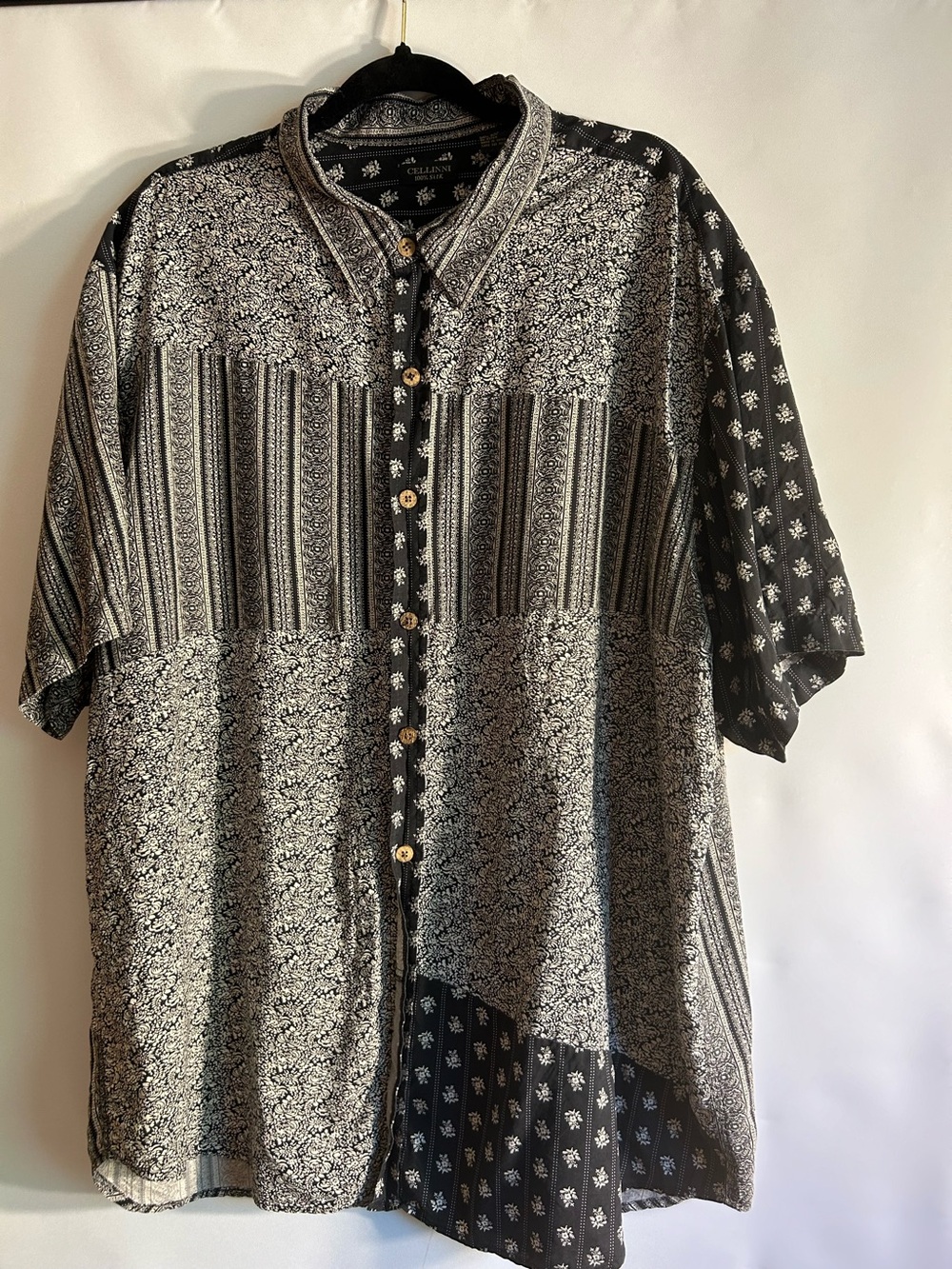 CELLINNI 100% SILK BLACK/OFF WHITE PRINT ALL OVER SHORT SLEEVES MENS SHIRT XXL
